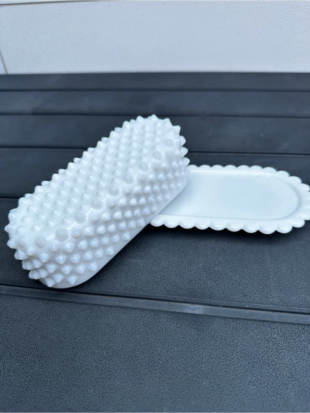 Vintage Fenton Hobnail Milk Glass Covered Butter Dish w/ Scalloped Edge